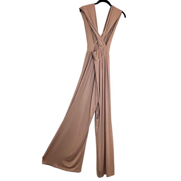 Lulus Small Thinking Out Loud Polyester Blend Backless Wide Leg Taupe Jumpsuit - Picture 2 of 5
